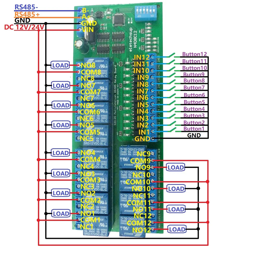 12CH RS485 Relay Module 12V/24V Modbus RTU DIN Rail Mount for PLC PTZ N4D8C12