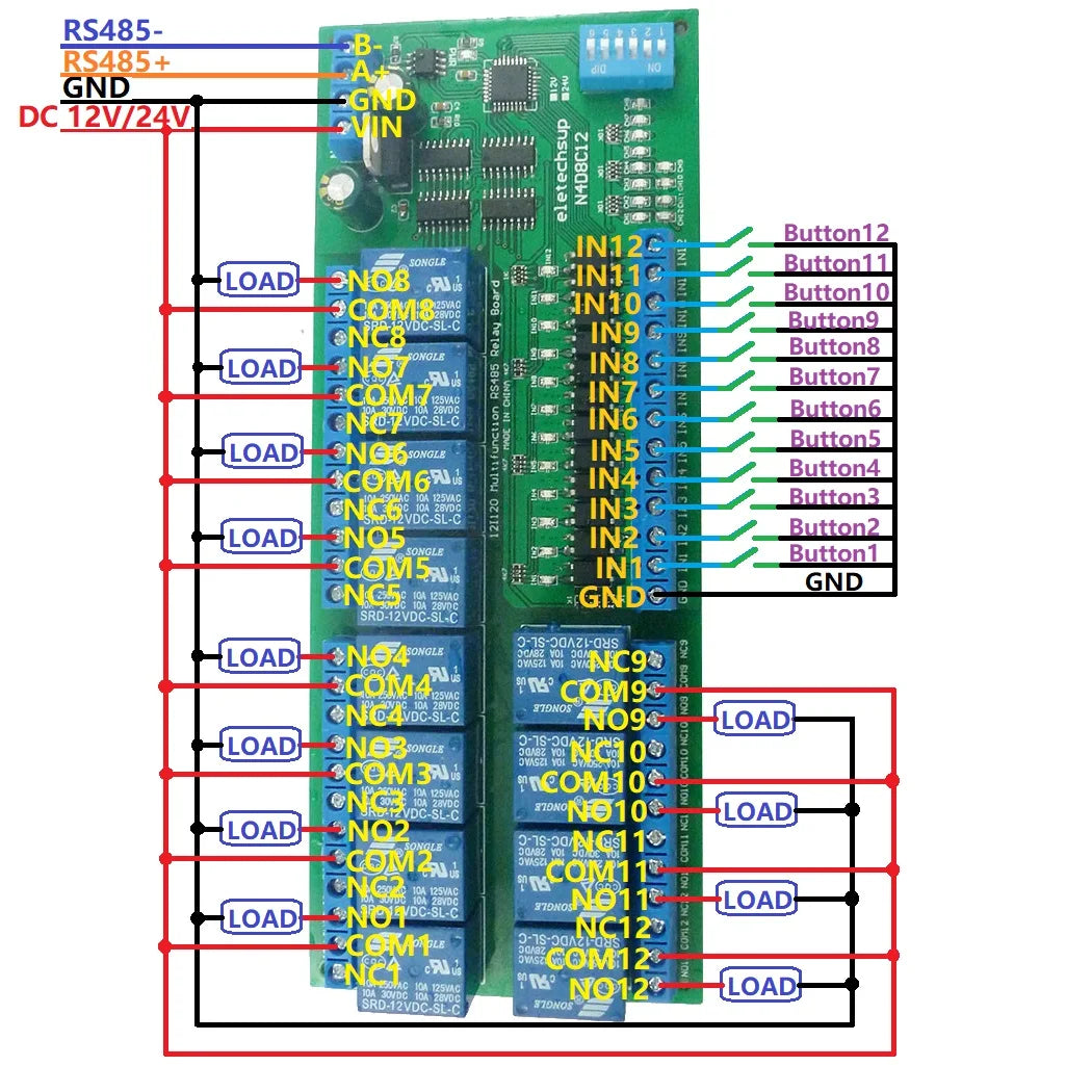 12CH RS485 Relay Module 12V/24V Modbus RTU DIN Rail Mount for PLC PTZ N4D8C12
