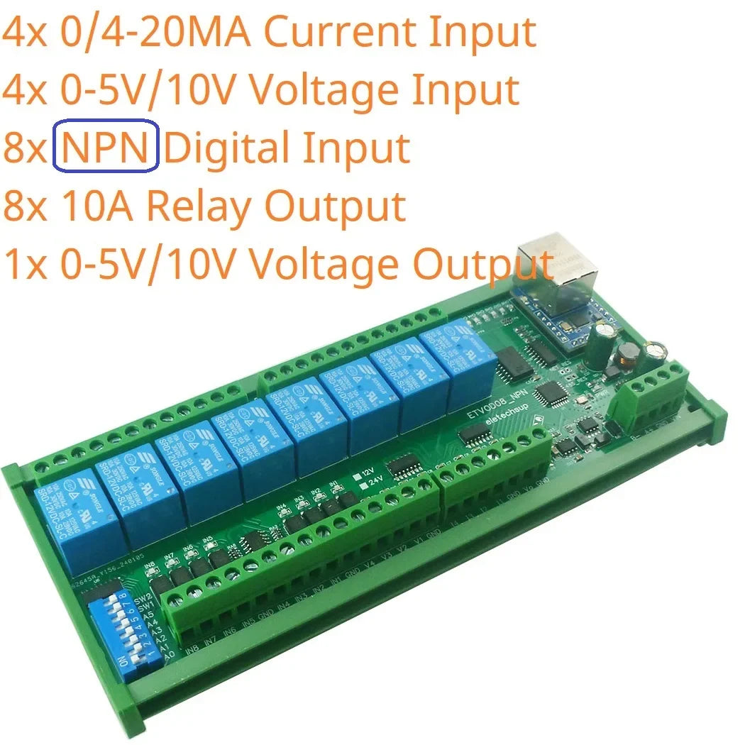 ETAIC04 ETVOD08 ETIOE16 Ethernet Remote IO Module – 4/8/16CH 10A Relay Modbus TCP RTU MQTT with RS485 DIN Rail for PLC SCADA