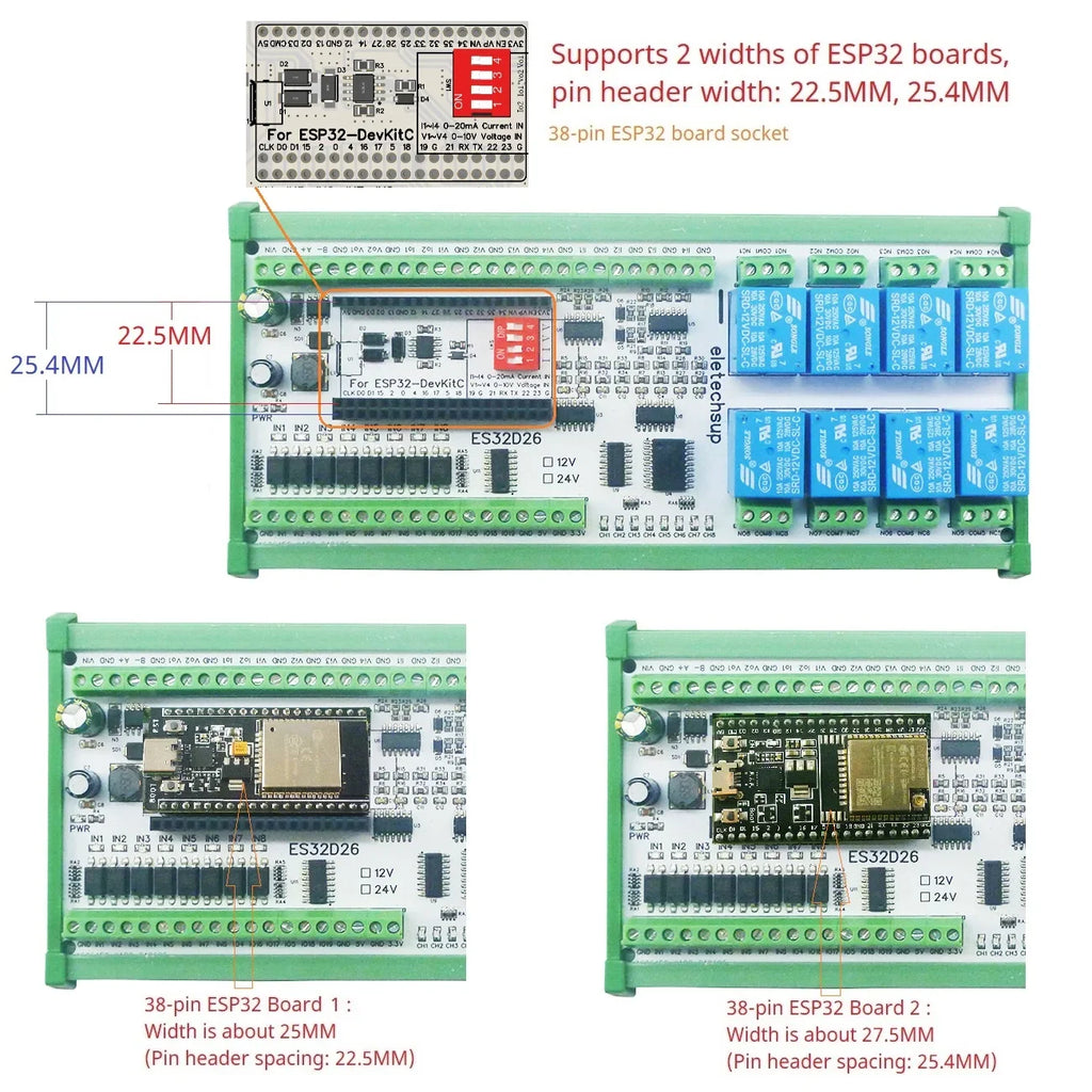 ES32D26 ESP32 Industrial IO Board – 8AI 8DI 8DO 2AO WiFi Relay Module with 4-20mA/0-10V for Smart Home IoT Simple PLC