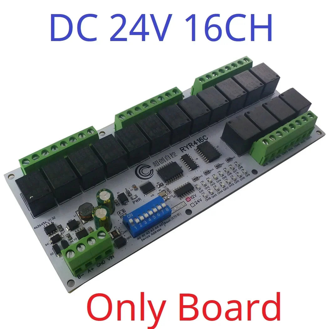 R4D3B16 16CH RS485 Modbus RTU Relay Module – DC 12V/24V Multifunction IO Expansion Board with 10A Output for PLC HMI Smart Home