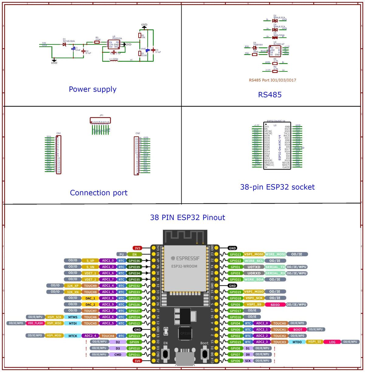 ES38485 ESP32 DevkitC V4 RS485 DIN Expansion Board 38PIN 2.4GHz WIFI BLE IOT Remote IO Development Board with 7-30V Power in 5V 3.3V out