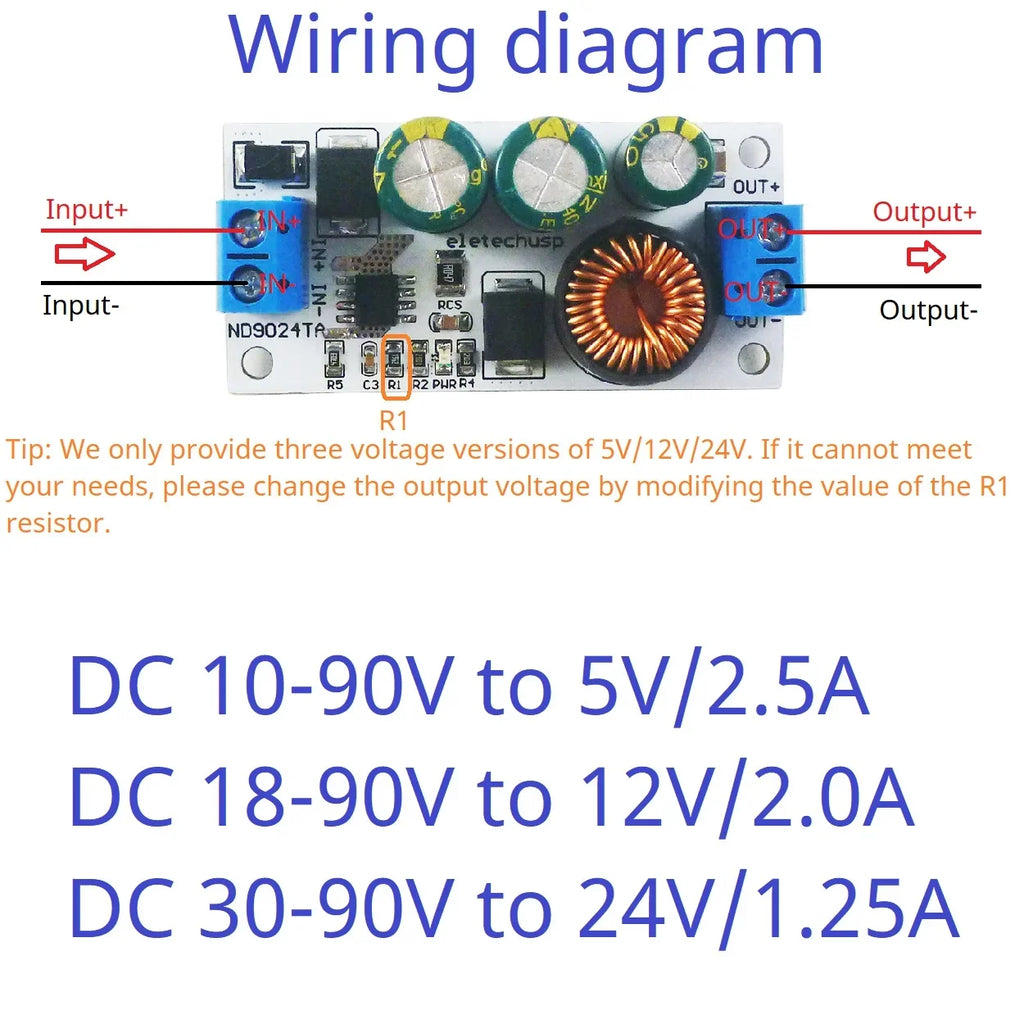 ND9024TA DC 10V-90V to 24V 12V 5V 2.5A Buck Module High Voltage Regulator for Electric Vehicle Battery Solar System Power Supply Converter