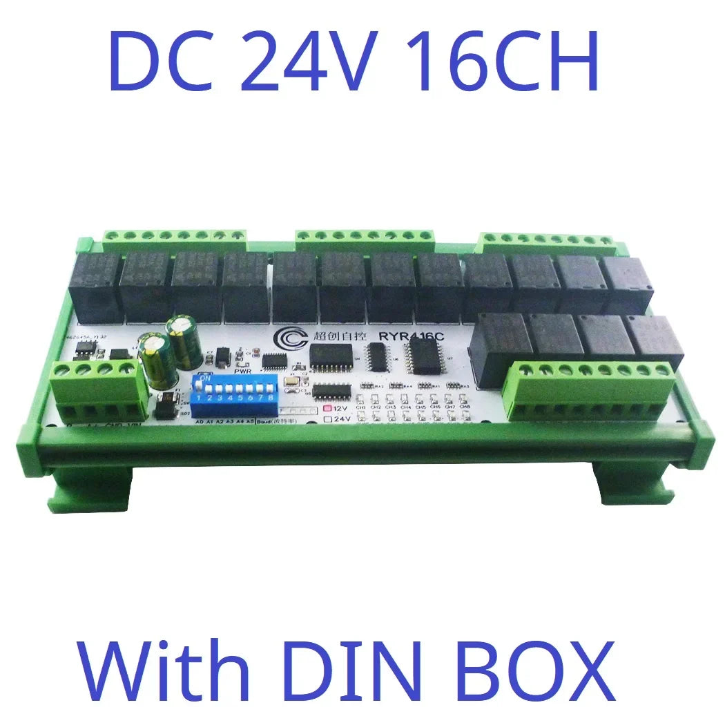 R4D3B16 16CH RS485 Modbus RTU Relay Module – DC 12V/24V Multifunction IO Expansion Board with 10A Output for PLC HMI Smart Home