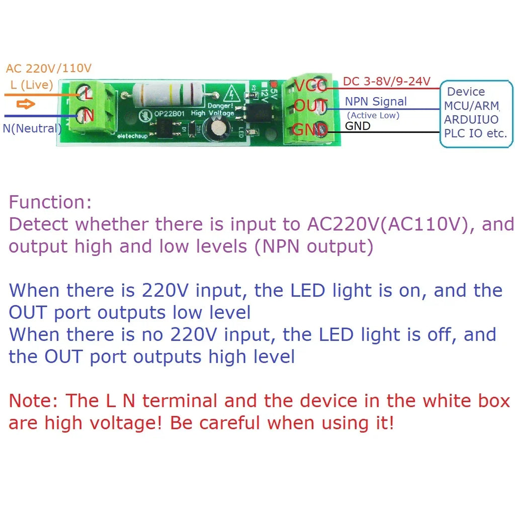 OP22B01 AC Voltage Detection Module – 110/220V Mains Power ON/OFF Sensor with 3-24V NPN/PNP Output for Arduino ESP8266 PLC STM32