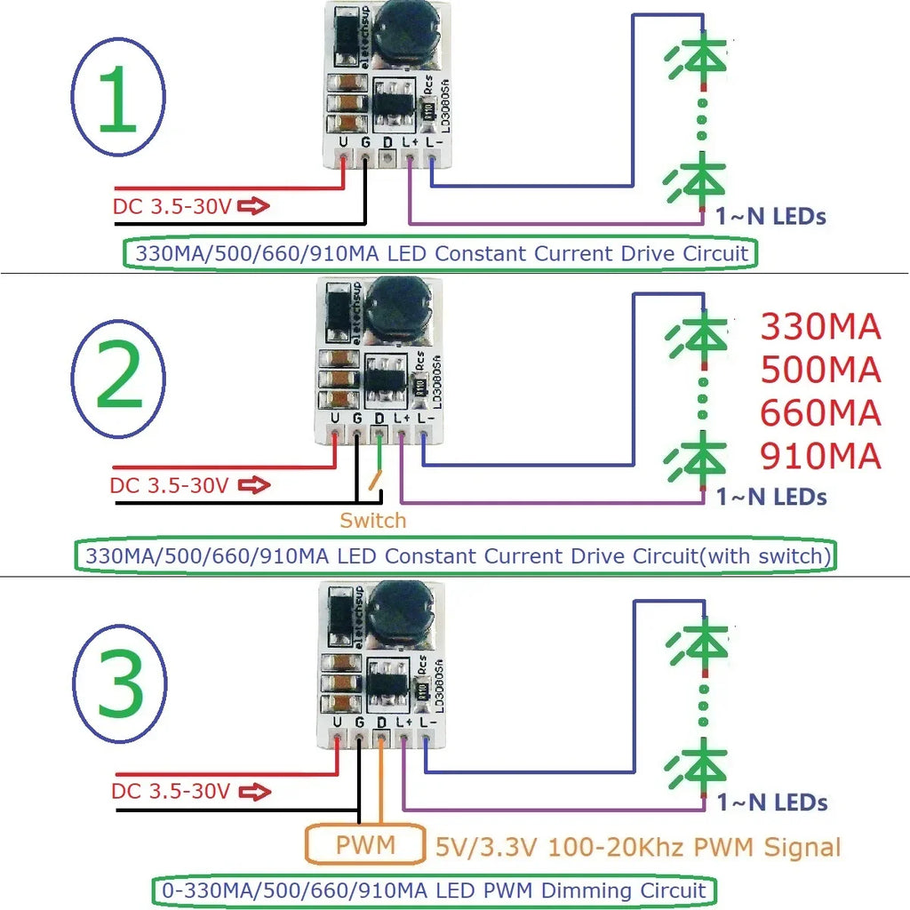 LD3080SA 20W Constant Current LED Driver – DC 3.7-30V PWM Dimming Module with 330/500/660/910mA Selectable Output for Flashlight Headlight