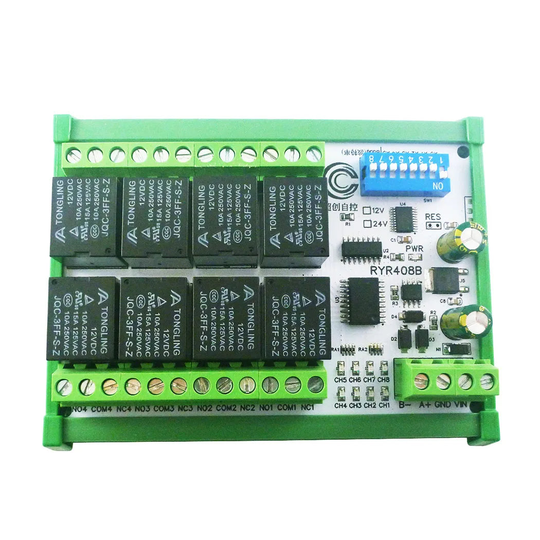 RYR408B 8CH 10A RS485 Relay Module – DIP Switch Configurable Modbus RTU PLC Remote IO Board with 8 Commands for Industrial Automation