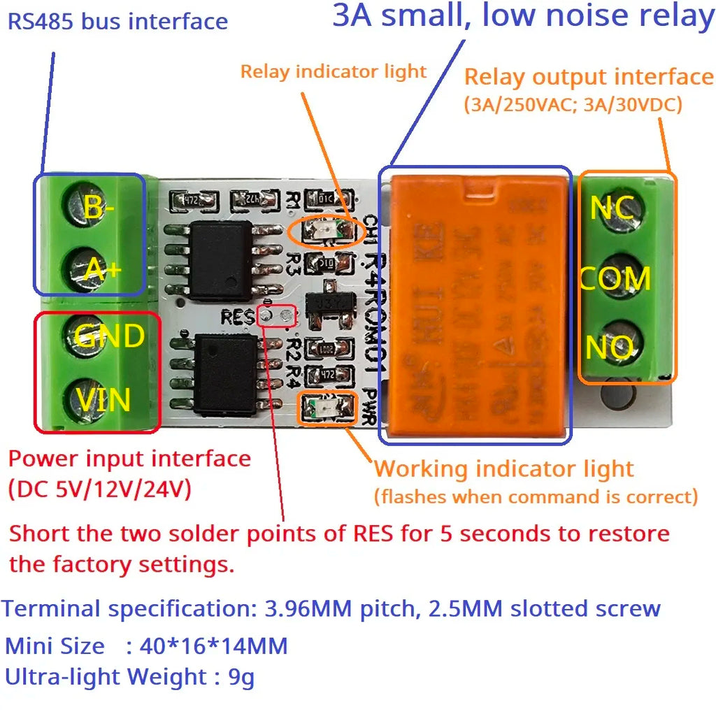 R4ROM01 3A Mini RS485 Relay Module – Low Noise 5V/12V/24V Modbus RTU Remote IO Board with 6 Control Commands for PLC Smart Home