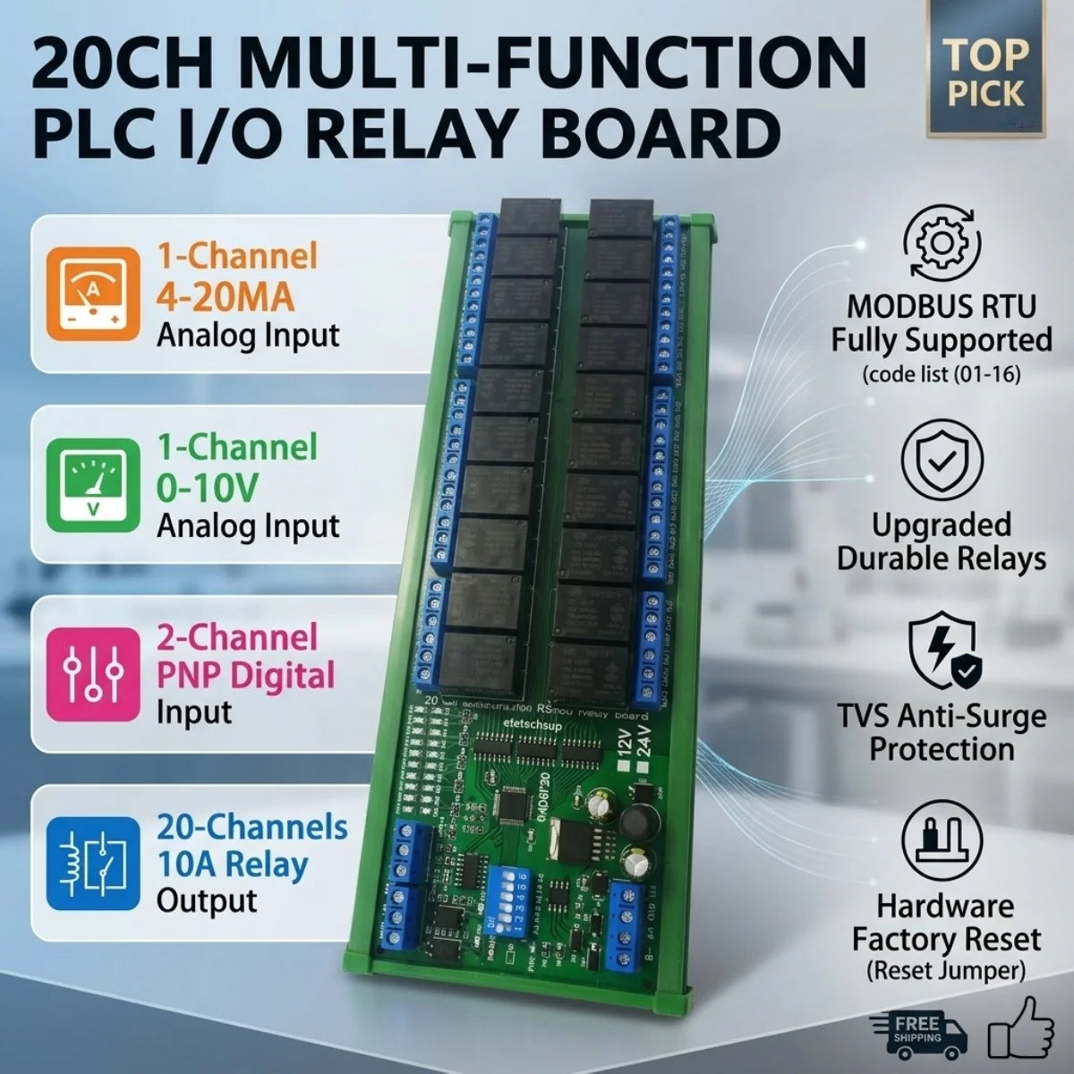 R4D6F20 20DO 2DI 2AI RS485 Modbus RTU PLC IO Expansion Module