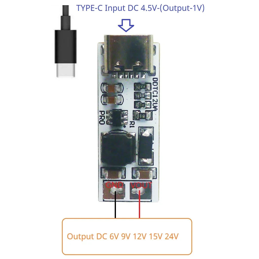 DDTC12UA_PRO Type-C to Type-C DC-DC Boost Converter 5V to 6V 9V 12V 15V 24V Step Up Voltage Regulator Module for Router Camera