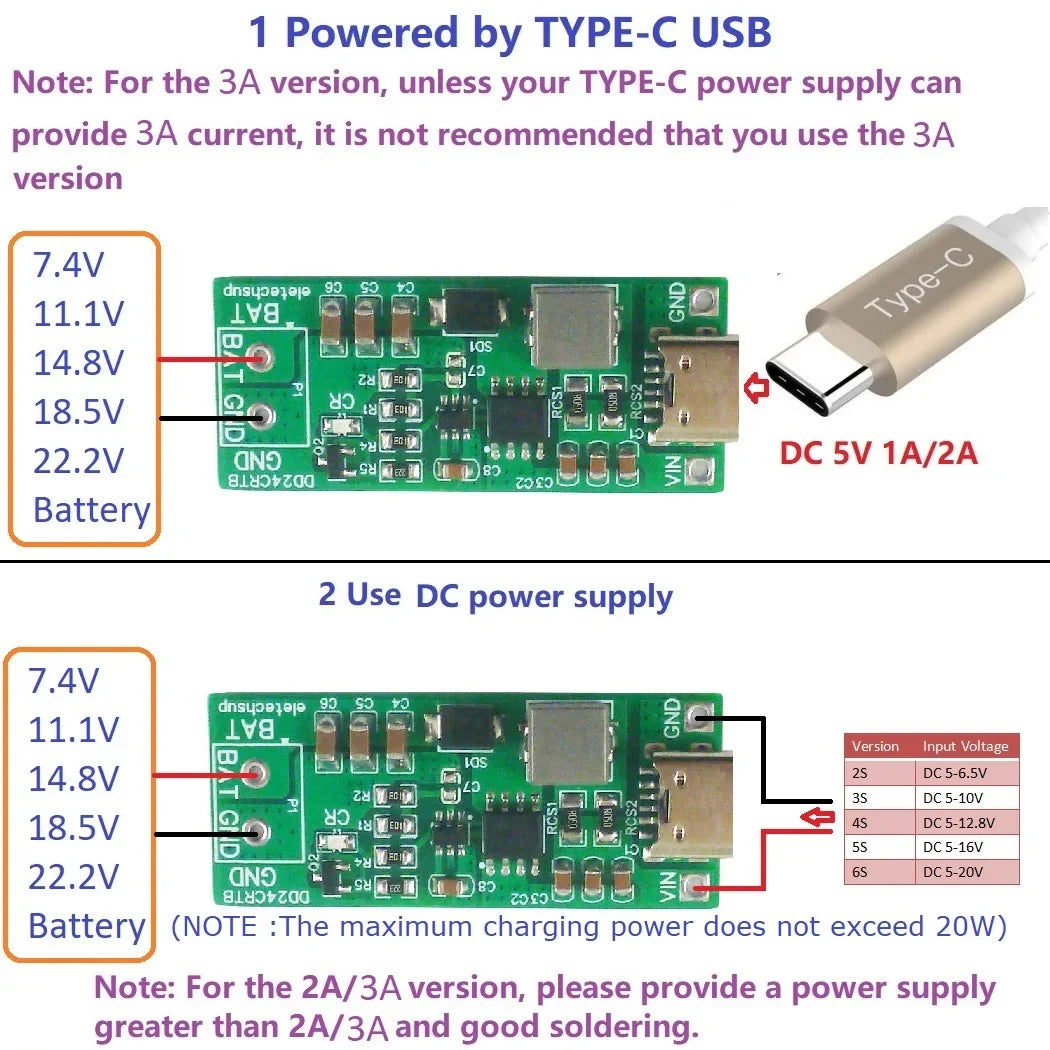 DD24CRTB 2-6S Type-C Boost Charger Module – 5V to 8.4V/12.6V/16.8V/21V/25.2V for 7.4V-22.2V Li-ion LiPo 18650 Battery Pack