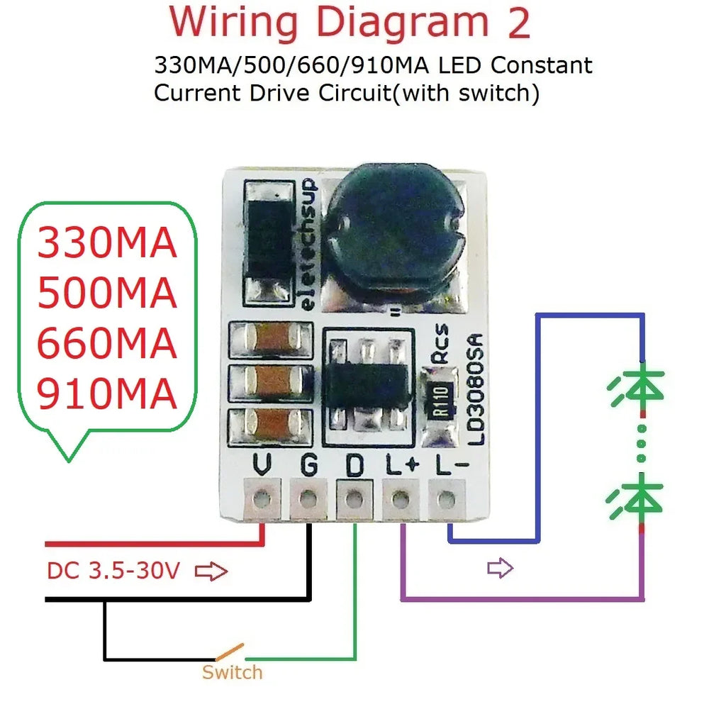 LD3080SA 20W Constant Current LED Driver – DC 3.7-30V PWM Dimming Module with 330/500/660/910mA Selectable Output for Flashlight Headlight