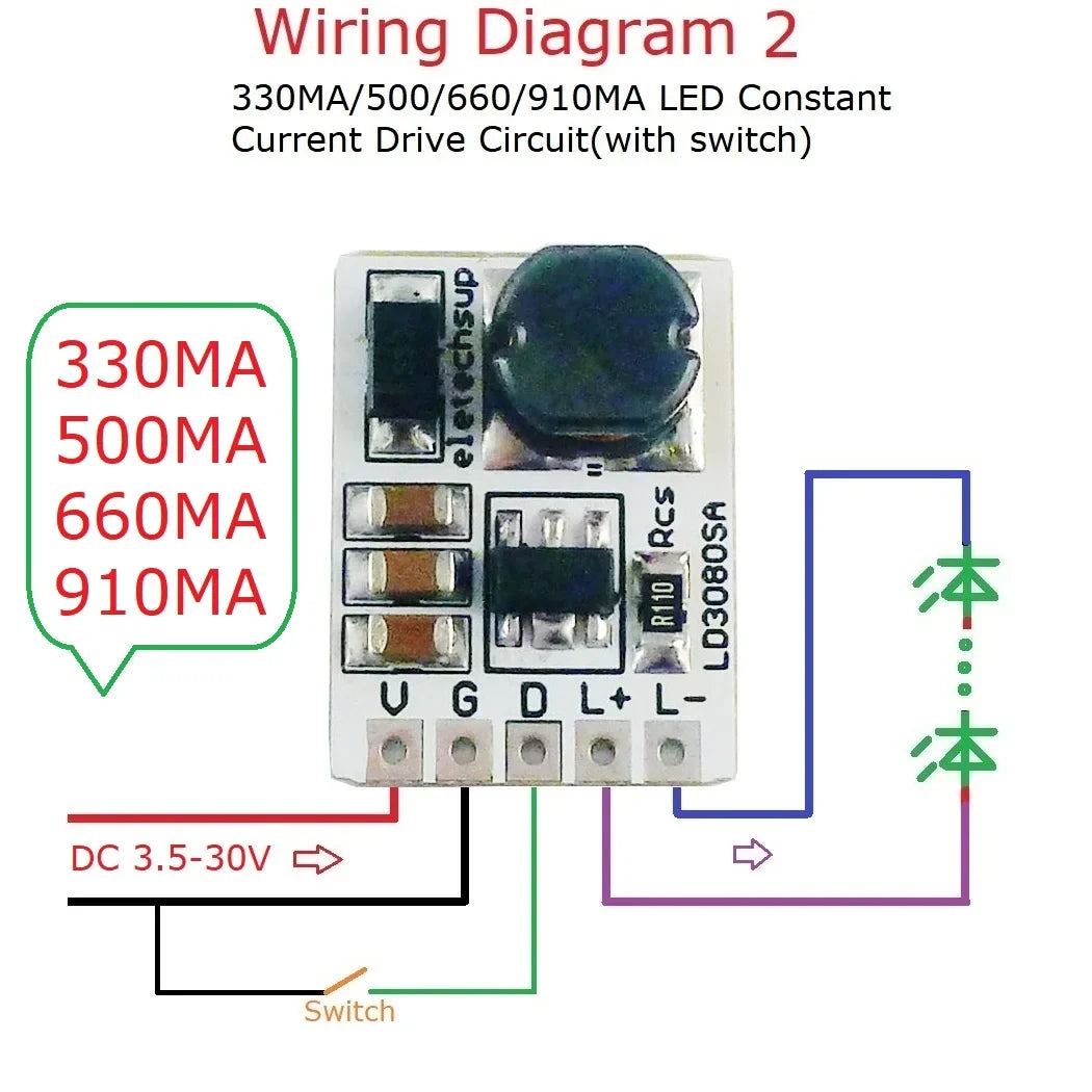 LD3080SA 20W Constant Current LED Driver – DC 3.7-30V PWM Dimming Module with 330/500/660/910mA Selectable Output for Flashlight Headlight