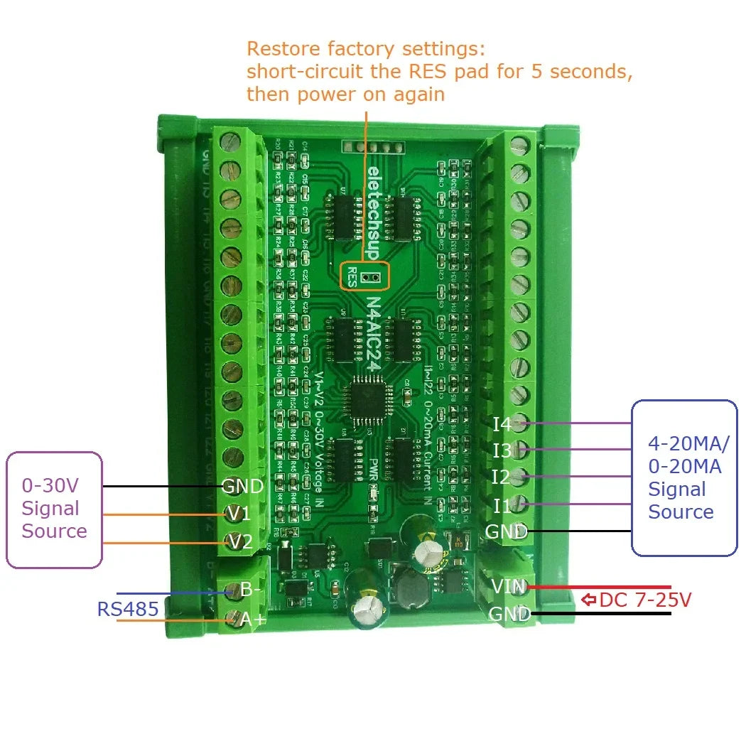 N4AIA08 N4AIB16 N4AIC24 8-24CH 4-20mA Current Transducer – RS485 Modbus RTU Analog Input Module with 12-bit ADC for PLC SCADA