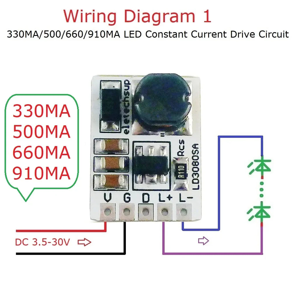 LD3080SA 20W Constant Current LED Driver – DC 3.7-30V PWM Dimming Module with 330/500/660/910mA Selectable Output for Flashlight Headlight