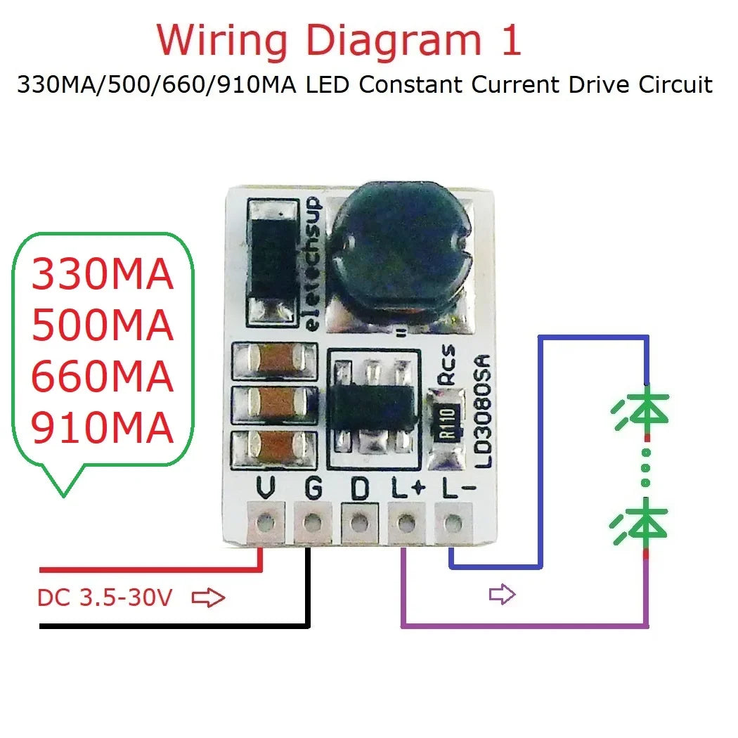 LD3080SA 20W Constant Current LED Driver – DC 3.7-30V PWM Dimming Module with 330/500/660/910mA Selectable Output for Flashlight Headlight