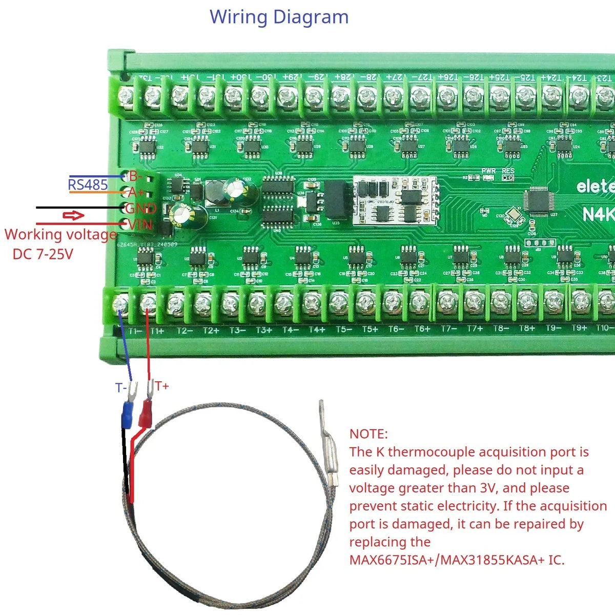 N4KTF32 32-Channel K-Type Thermocouple Temperature Module – MAX6675ISA+ 0-1024℃ RS485 Modbus Collector DC 7-25V for Industrial Monitoring