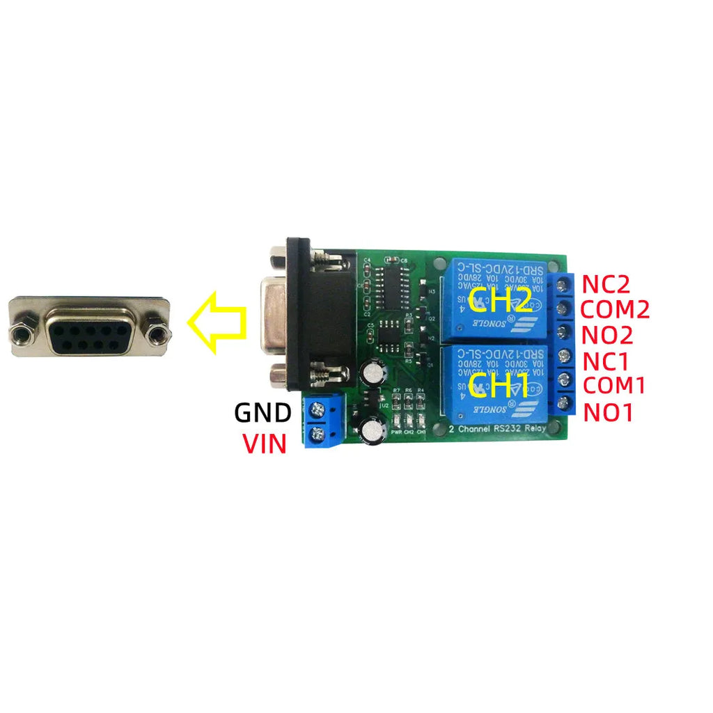 N228D02 2CH RS232 Relay Module – DC 12V/24V DB9 Serial Port Switch Board with 10A Output for PC PLC Motor LED PTZ Control