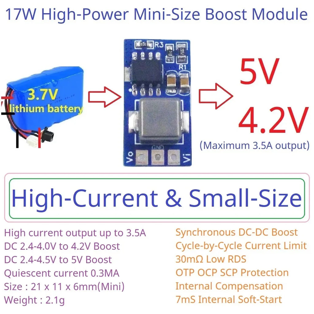 ND3A05SD 17W Synchronous Boost Converter – 2.4-4.5V to 5V/3.5A Step-Up DC-DC Module with 91% Efficiency for Arduino ESP32 Li-ion Battery