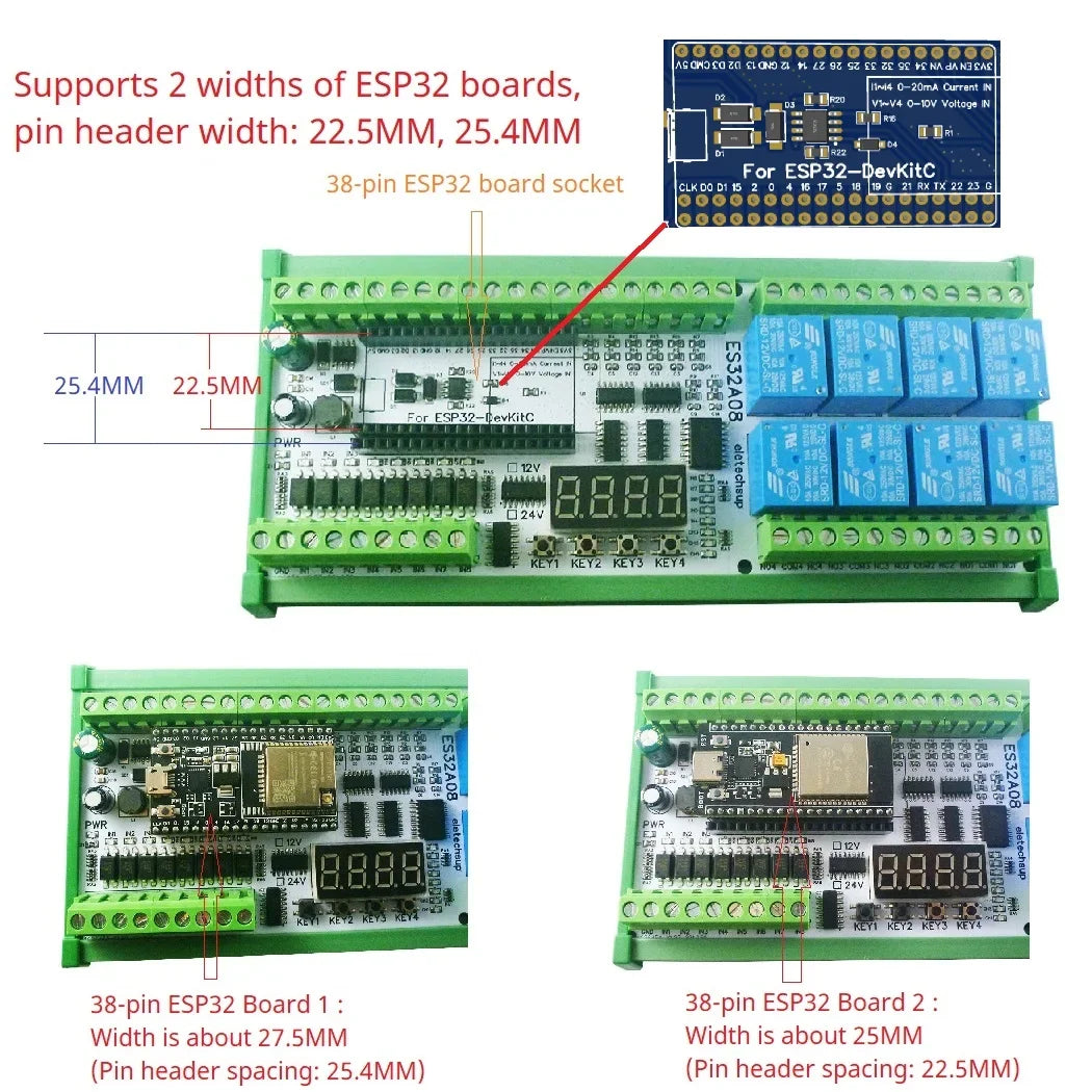 ESP32 38PIN IO Expansion Board ES32A08 Relay ES33B08 Opto-isolated Input 4x 0-10V 4x 4-20MA Digital Tube Display Automation