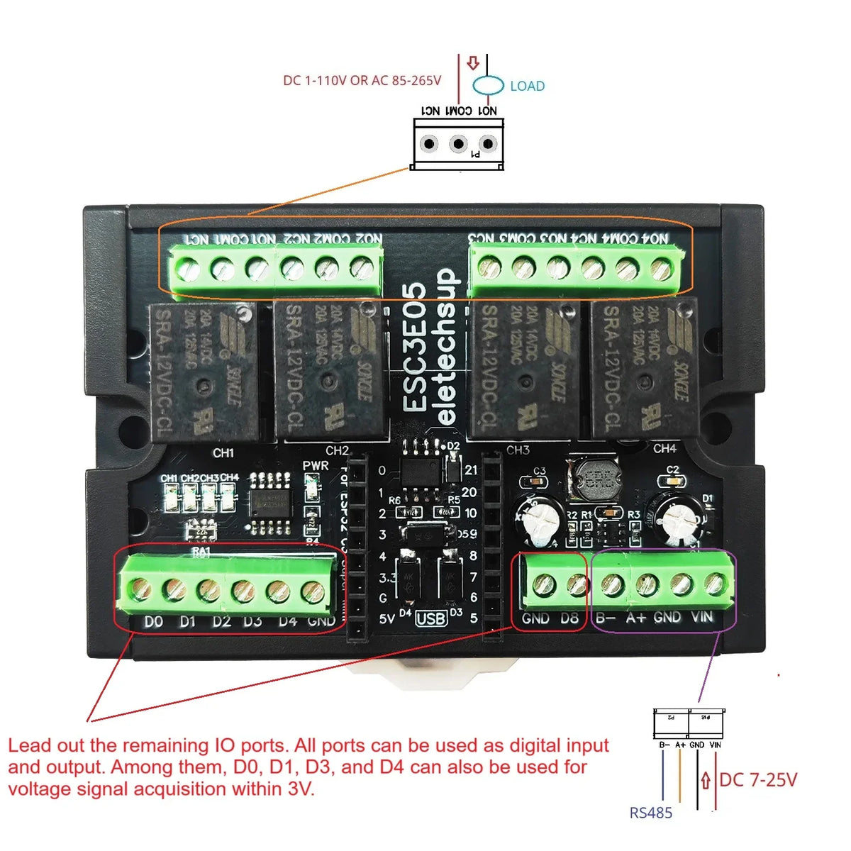 ESC3E05 4-Channel Relay Module for ESP32-C3 Super Mini, RS485 Modbus RTU, Wi-Fi BLE IoT Controller, Simple PLC Shield for Arduino