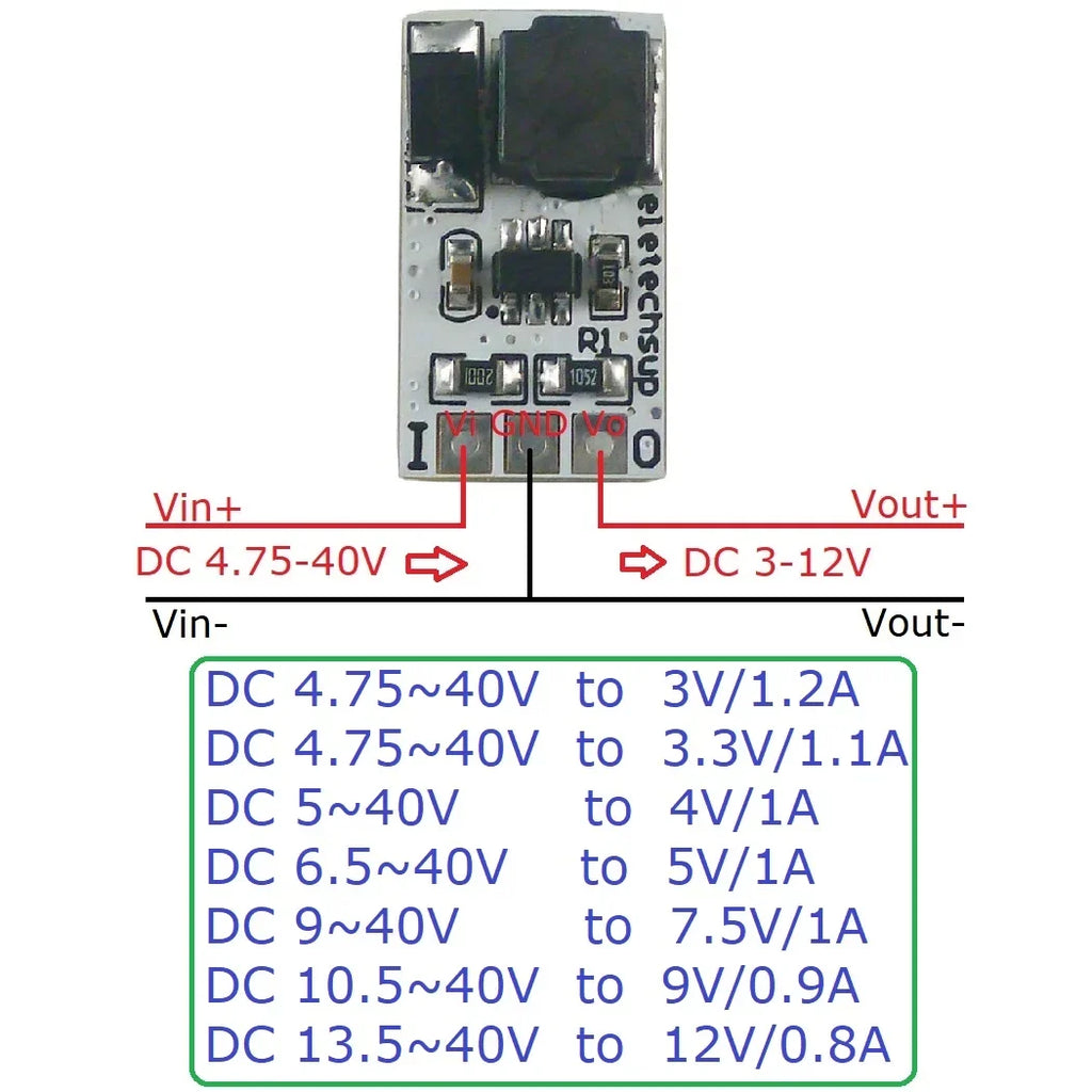DD4012SA_PRO 1A DC-DC Buck Converter – 5-40V to 3V/3.3V/5V/12V Adjustable Step-Down Module for 18650 Li-ion LiFePO4 Battery Power