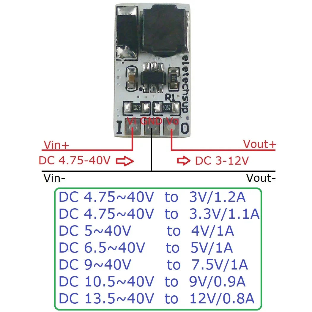 DD4012SA_PRO 1A DC-DC Buck Converter – 5-40V to 3V/3.3V/5V/12V Adjustable Step-Down Module for 18650 Li-ion LiFePO4 Battery Power