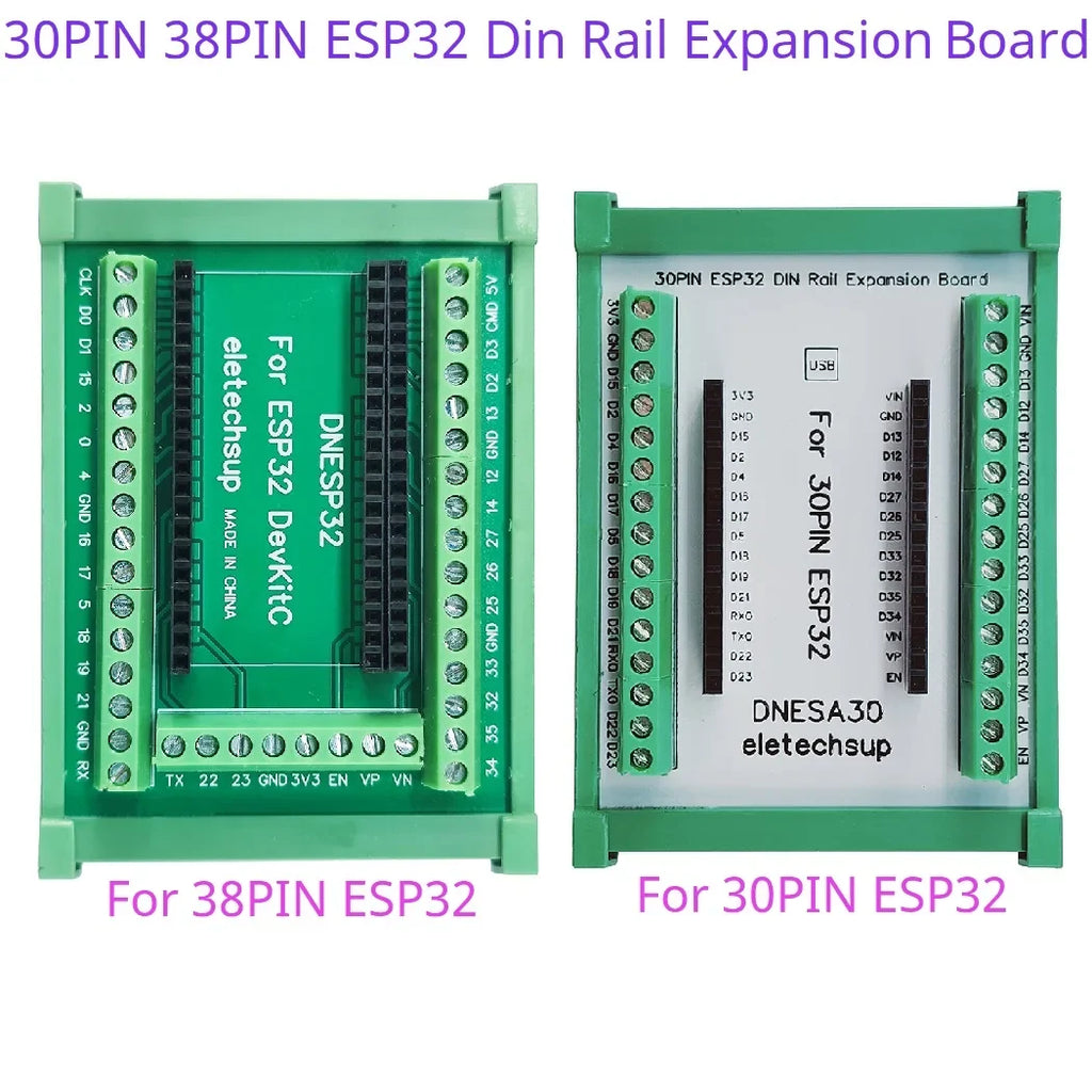 DNESA30 DNESP32 DIN Rail Mount Screw Terminal Adapter – 3.96mm Breakout Board for 30/38-Pin ESP32 WROOM-32 DevKitC with DIN35/C45 Rail