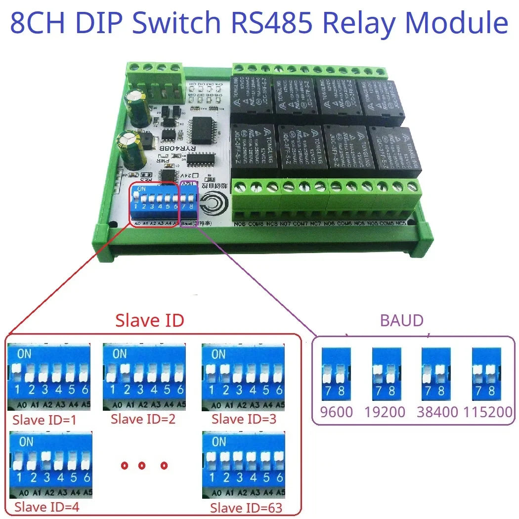 RYR408B 8CH 10A RS485 Relay Module – DIP Switch Configurable Modbus RTU PLC Remote IO Board with 8 Commands for Industrial Automation
