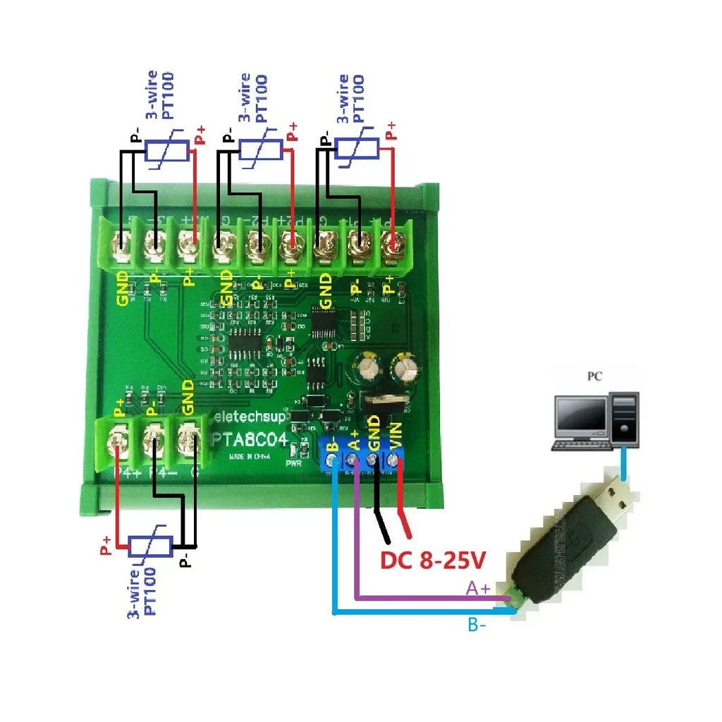 PTA8C04 4CH PT100 RTD Temperature Module – -40~500°C RS485 Modbus RTU Platinum Thermal Resistance Collector for PLC SCADA
