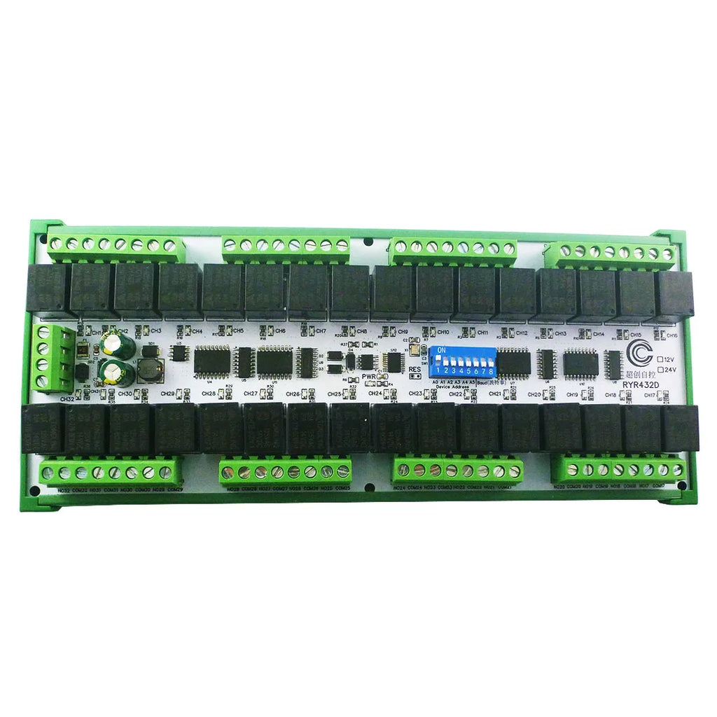 RYR432D 32CH 20A DIN Rail Relay Module – RS485 Modbus RTU with DIP Switch Setup for PLC Industrial Automation Smart Home