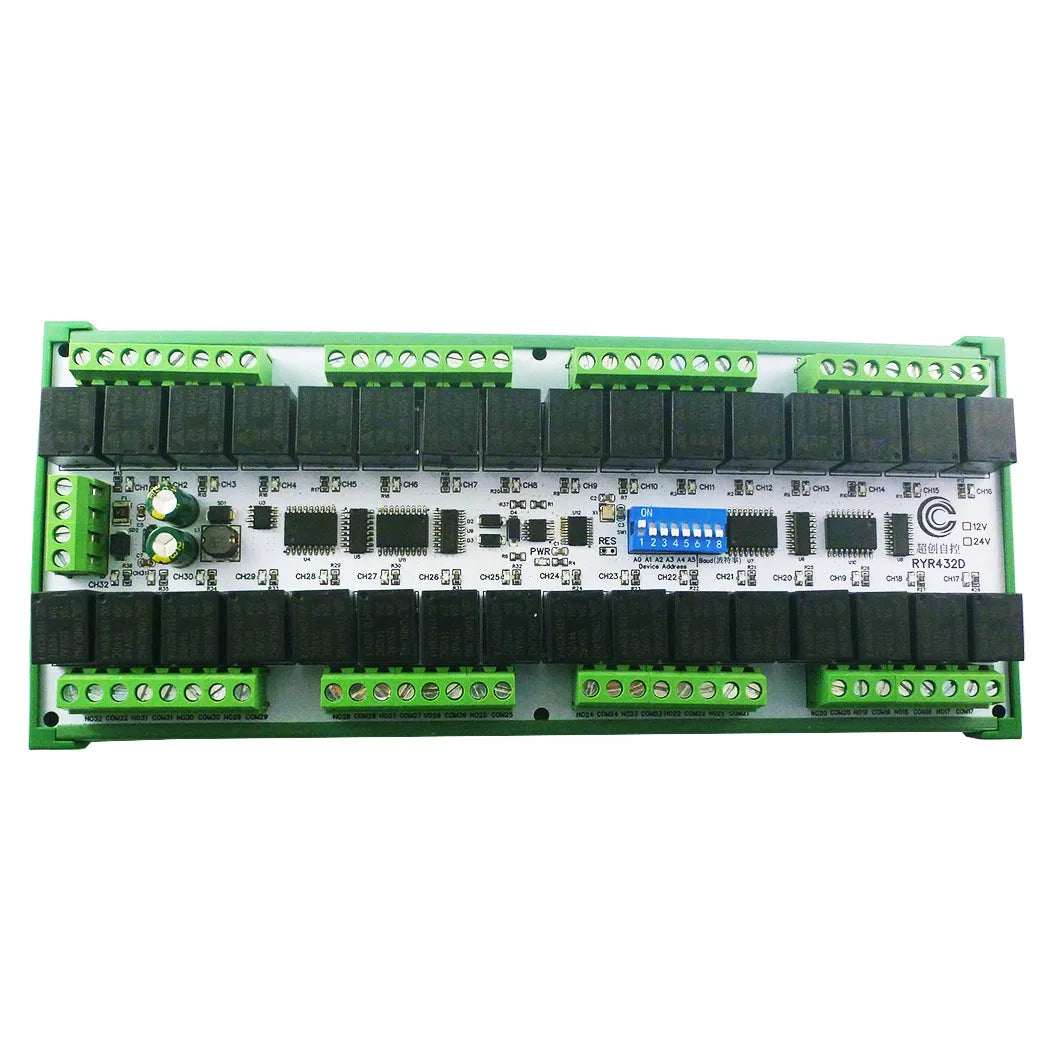 RYR432D 32CH 20A DIN Rail Relay Module – RS485 Modbus RTU with DIP Switch Setup for PLC Industrial Automation Smart Home