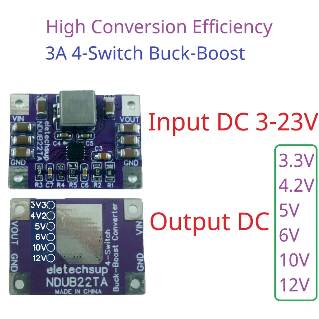 NDUB22TA 3A Buck-Boost Converter – DC 3-23V to 3.3V/5V/12V Adjustable Step-Up Down Voltage Regulator with 93% Efficiency for Solar Battery ESP32