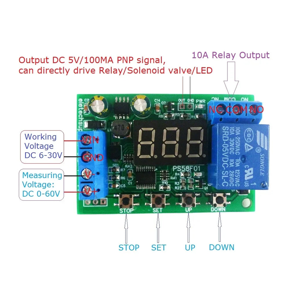PS58F01 10A Battery Charger Discharger Module – 0-60V Auto Cut-Off Undervoltage Overvoltage Protection Board for 12V/24V/36V/48V Lead-Acid UPS DIY