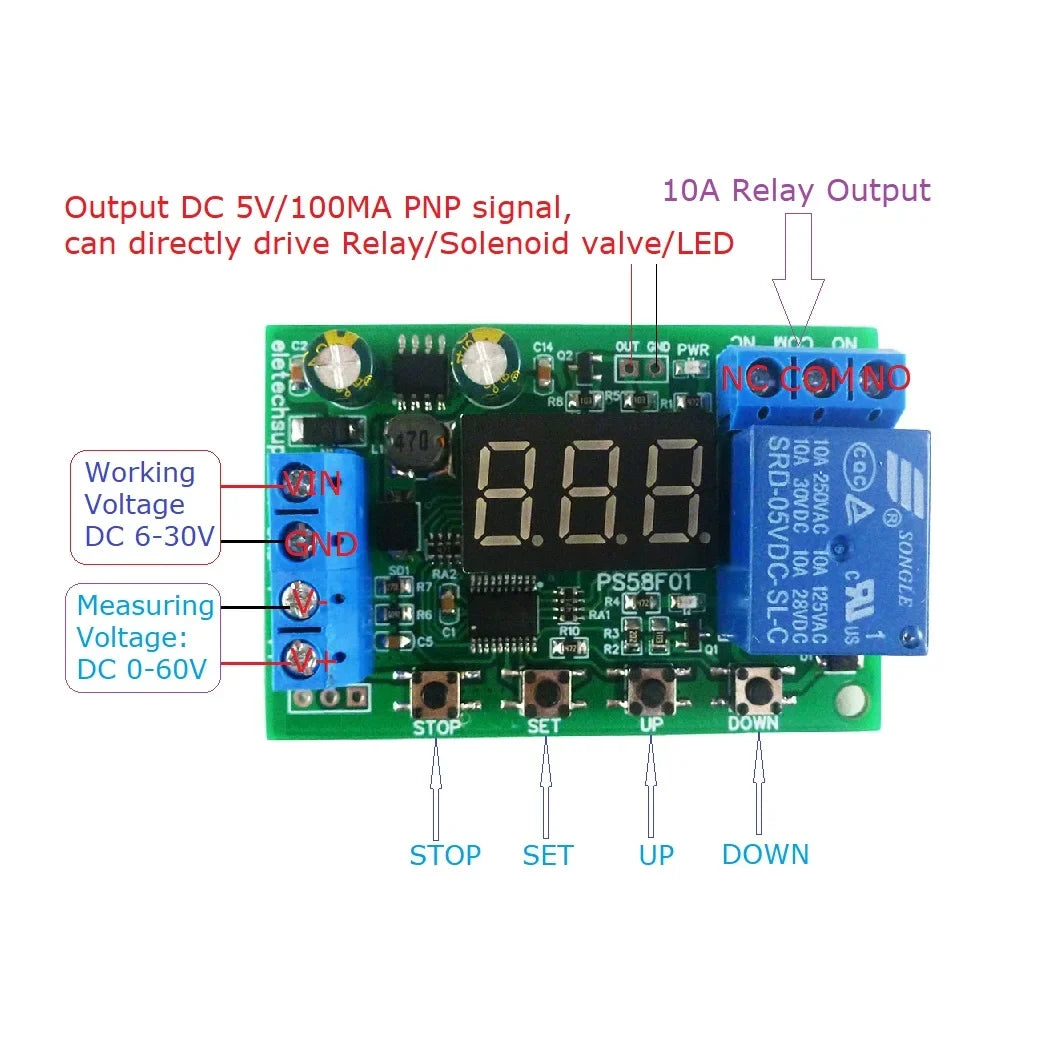 PS58F01 10A Battery Charger Discharger Module – 0-60V Auto Cut-Off Undervoltage Overvoltage Protection Board for 12V/24V/36V/48V Lead-Acid UPS DIY