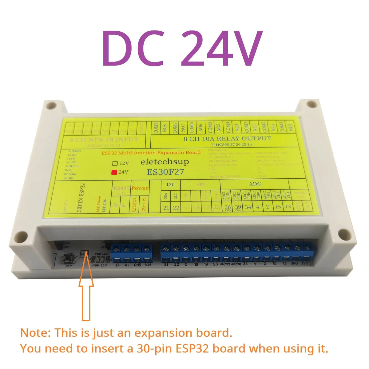 ES30F27 ESP32 Industrial DIN Rail Expansion Board – 8DI 8DO 10A Relay 7ADC RS485 I2C SPI GPIO for PLC IoT Automation