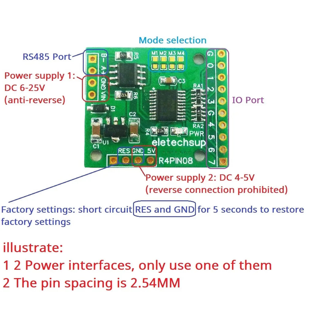 R4PIN08 8CH Multifunction RS485 IO Core Board – 2.54mm Pin Configurable Digital Input Output Module Modbus RTU for PLC HMI Remote IO Expansion