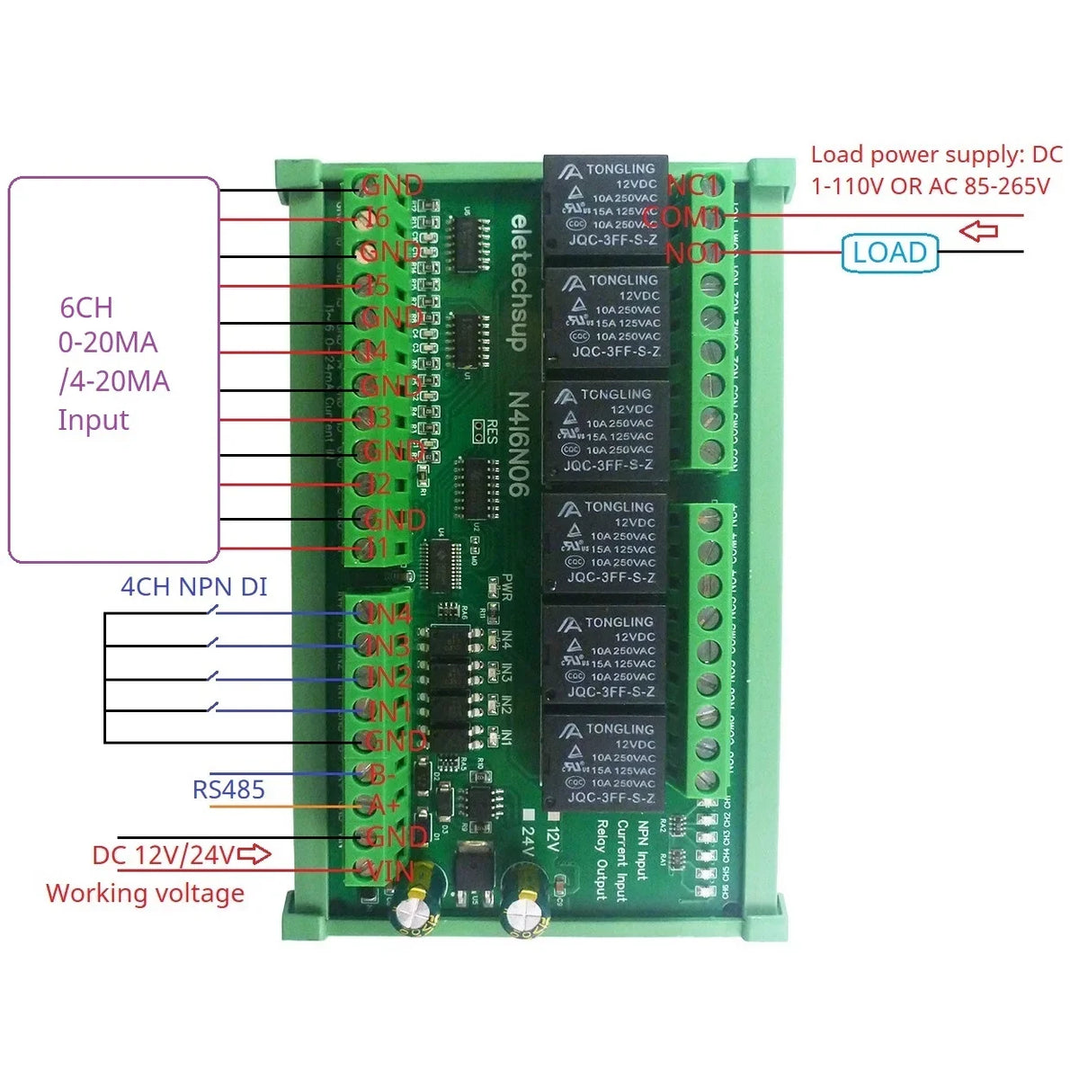 N4I6N06 DC 12V 24V 6CH 0-20MA 4-20mA Analog Input 4CH NPN Digital Input 6CH 10A Relay Output RS485 Modbus RTU IO Module