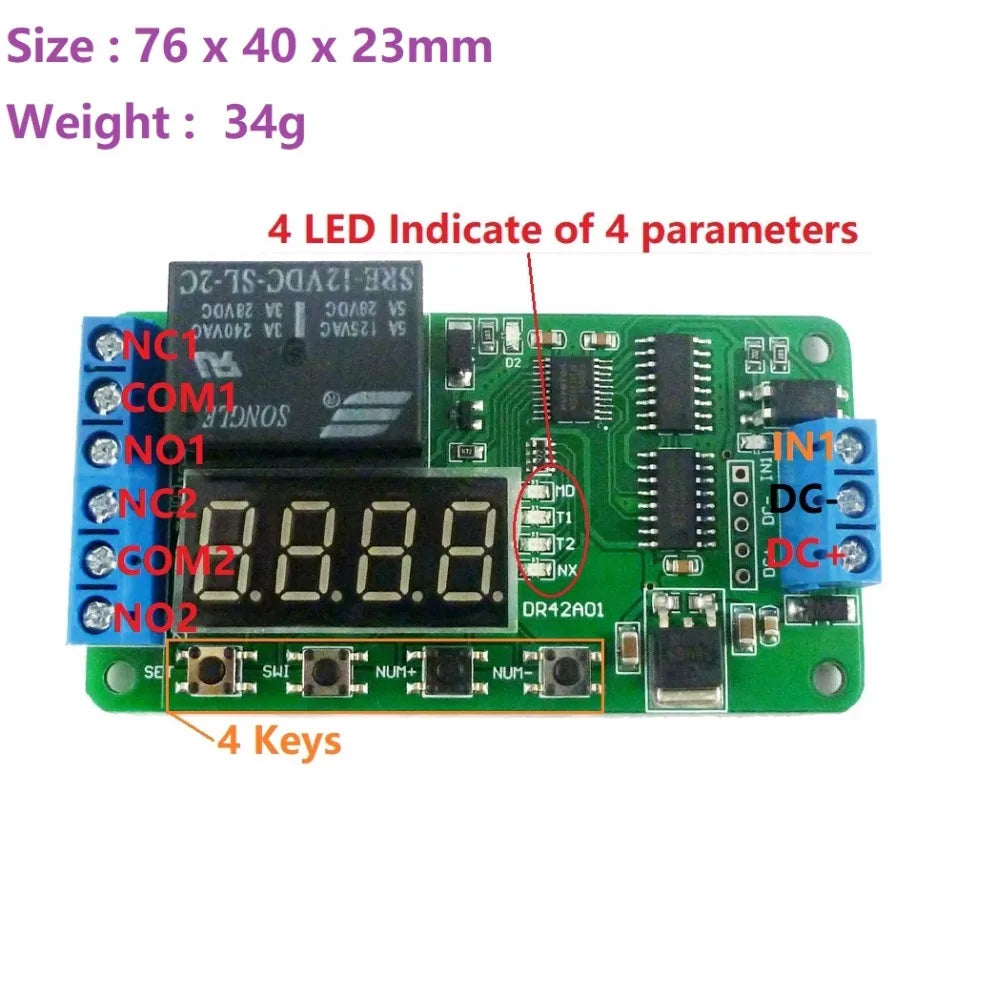 DR42A01 Dual CH 12V DPDT Delay Relay Module – 18-Mode 0.01s Timer for Stereo Audio Polarity Reversal PLC Control