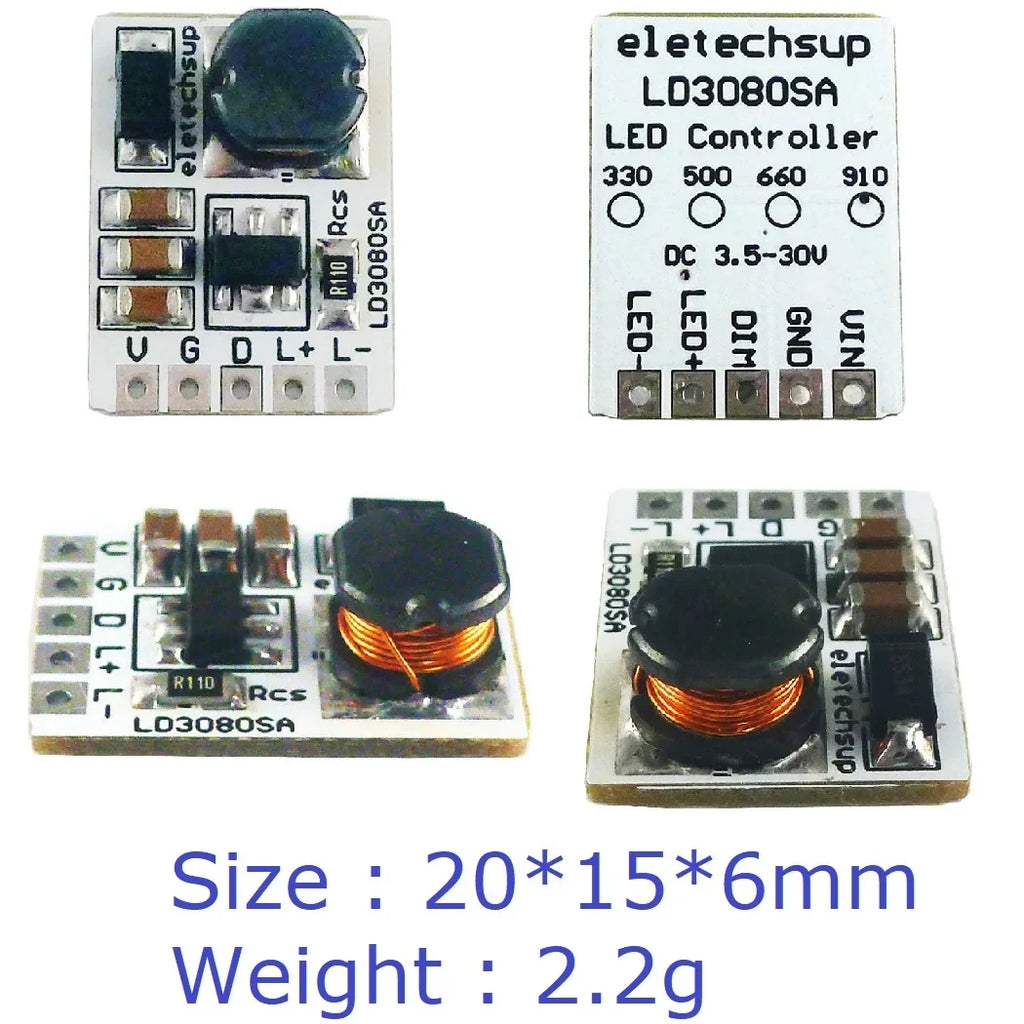 LD3080SA 20W Constant Current LED Driver – DC 3.7-30V PWM Dimming Module with 330/500/660/910mA Selectable Output for Flashlight Headlight