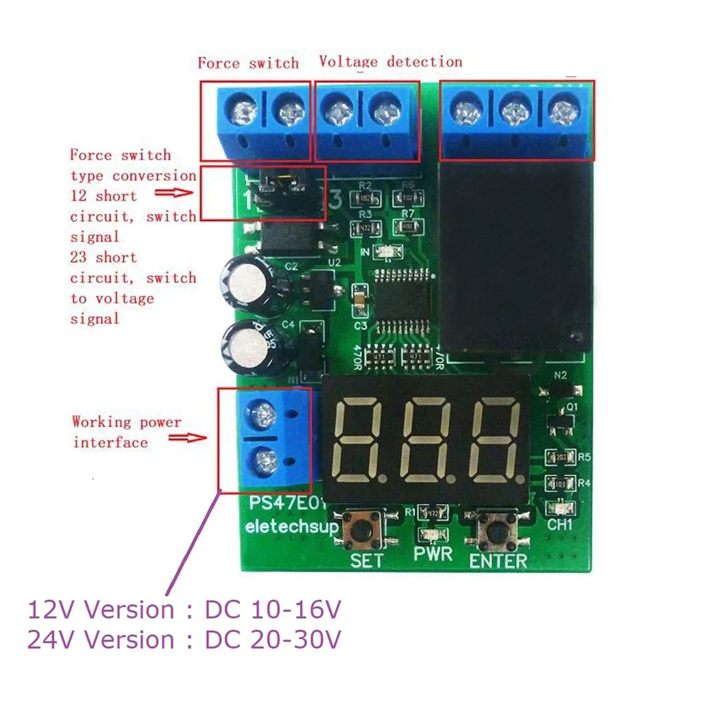 PS47E01 DC 12V/24V Voltage Detection Relay Module – 0-99.9V ±0.1V Accuracy Over/Under Voltage Monitor with 10A Output & 0-999Min Timer