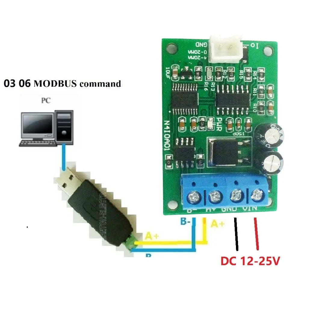 N4IOA01 RS485 to 4-20mA Signal Generator – Modbus RTU 03/06 DAC Analog Converter Module 12-24V for PLC Industrial Automation
