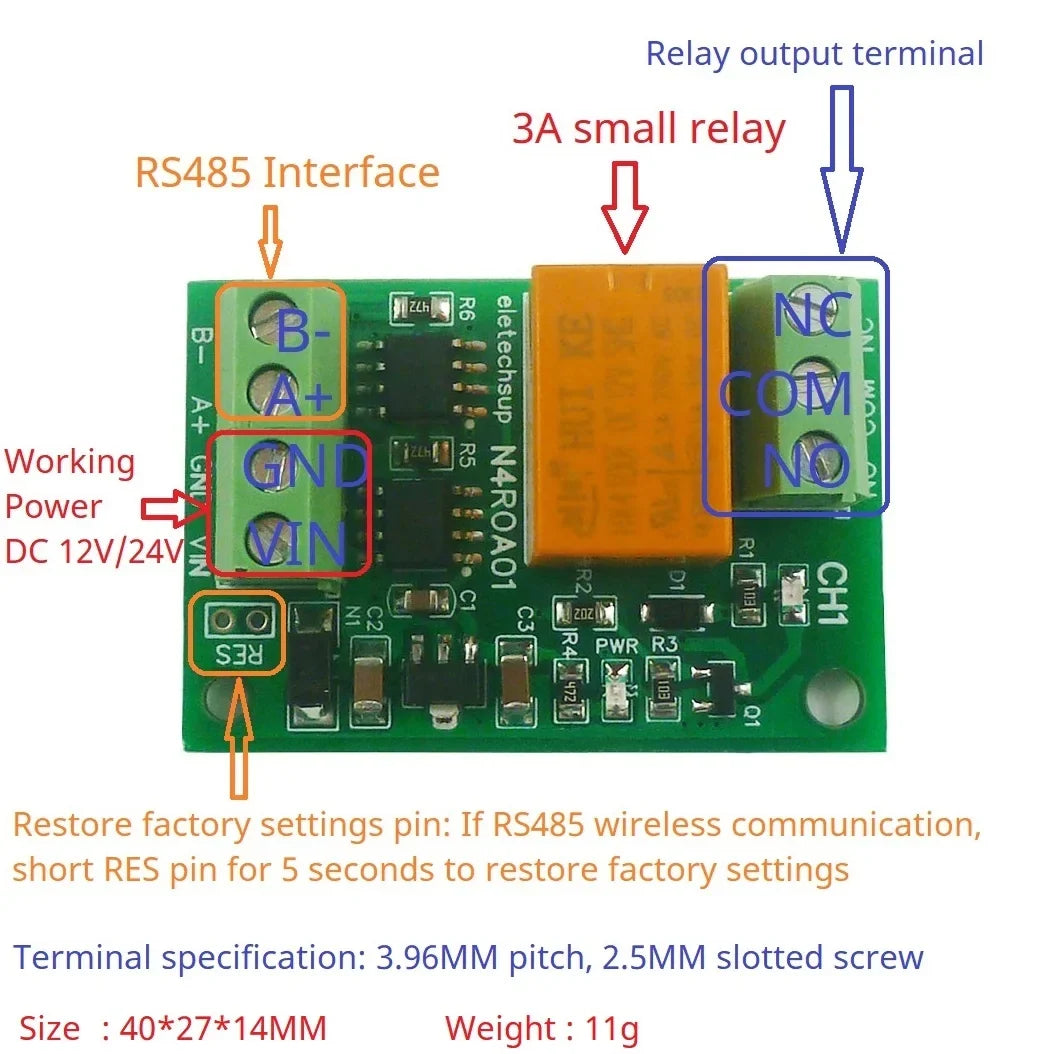 N4ROA01 3A RS485 Relay Module – Micro Power Modbus RTU 1-Channel Controller for Home Automation & PLC Expansion