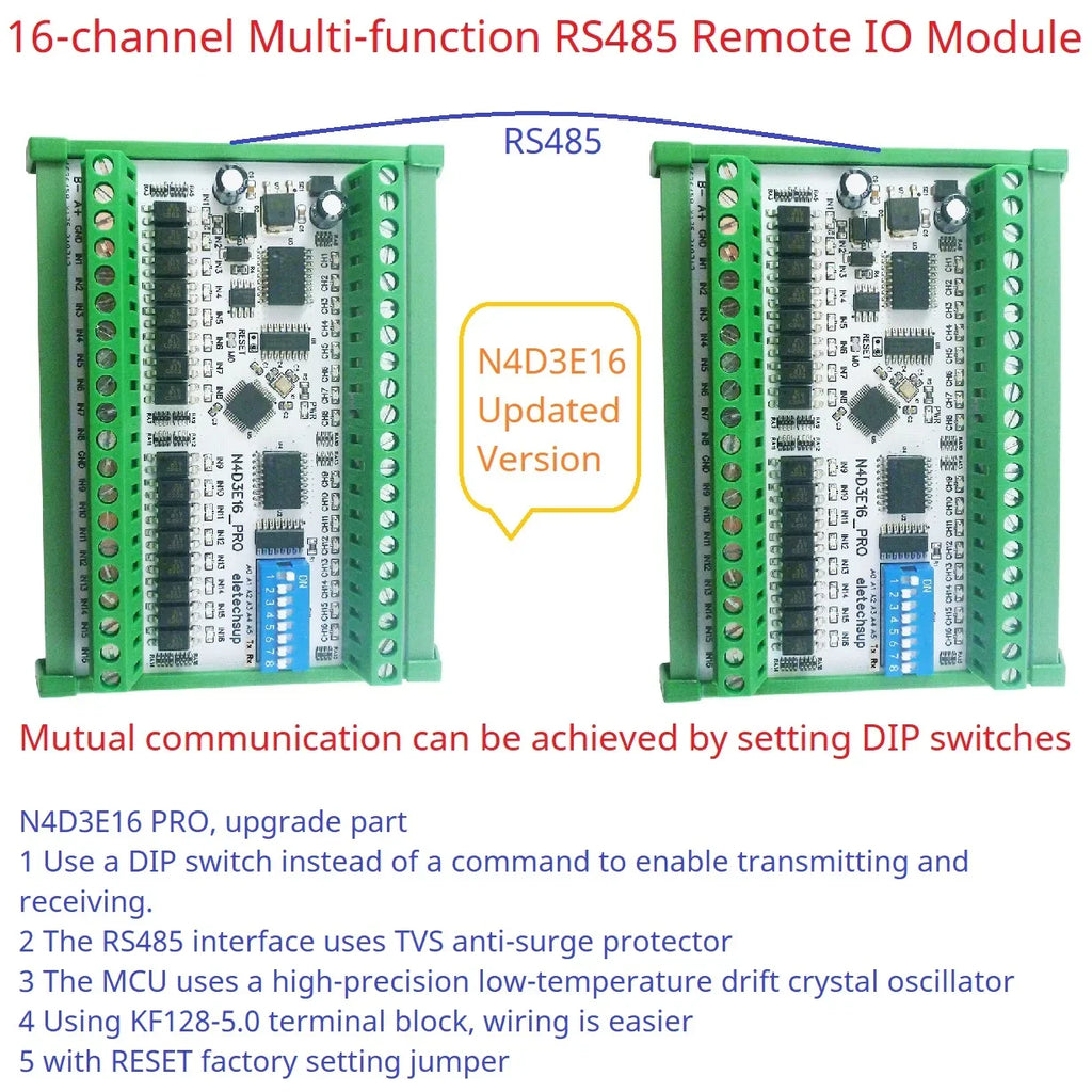 N4D3E16_PRO 16CH Bidirectional Remote Control Module RS485 Modbus RTU DIP Switch Setting No PC Needed PLC Expansion Board