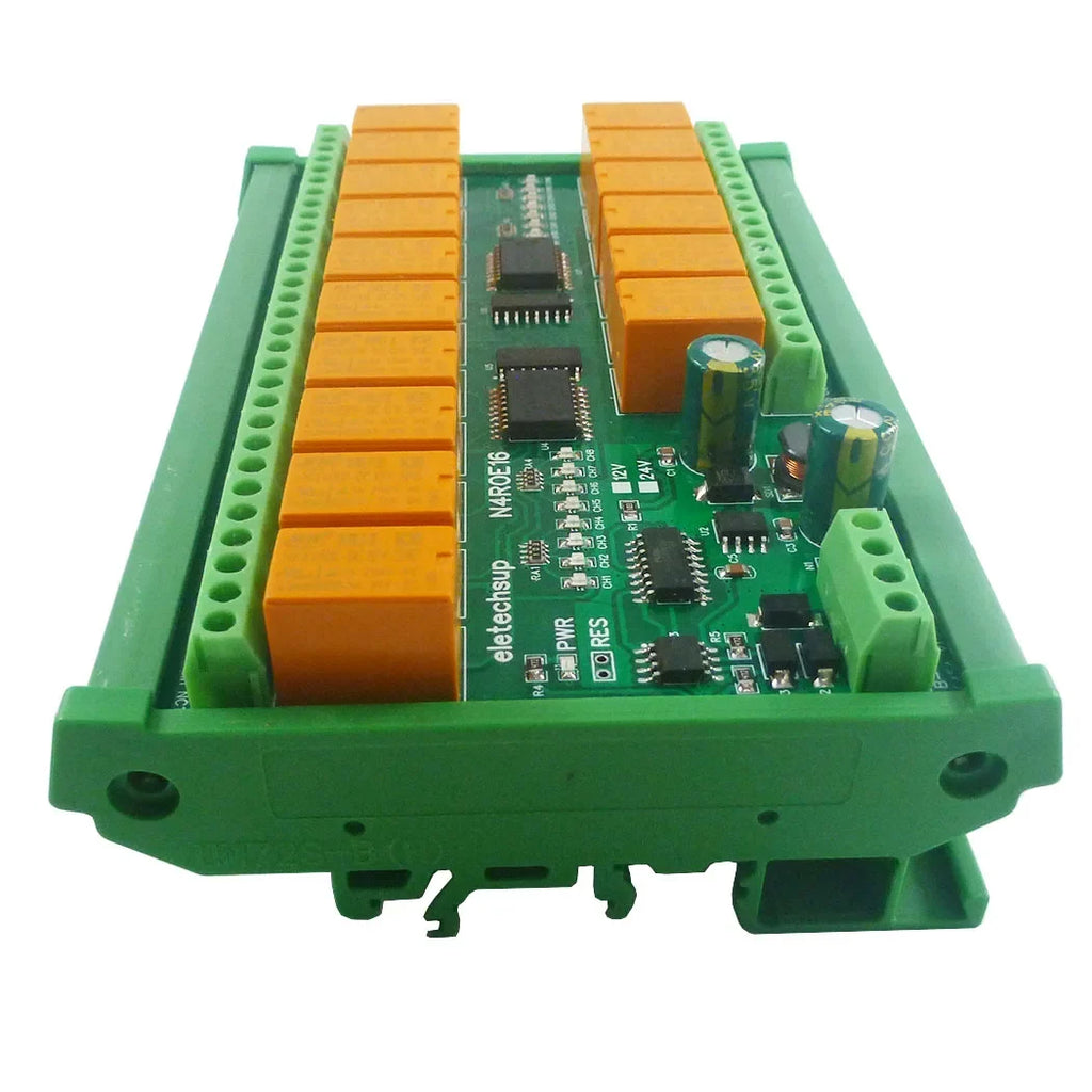 N4D3E16 16CH RS485 Modbus RTU Relay Module – DC 12V/24V Digital Output Board with 10A SPDT Contacts for PLC IO Expansion