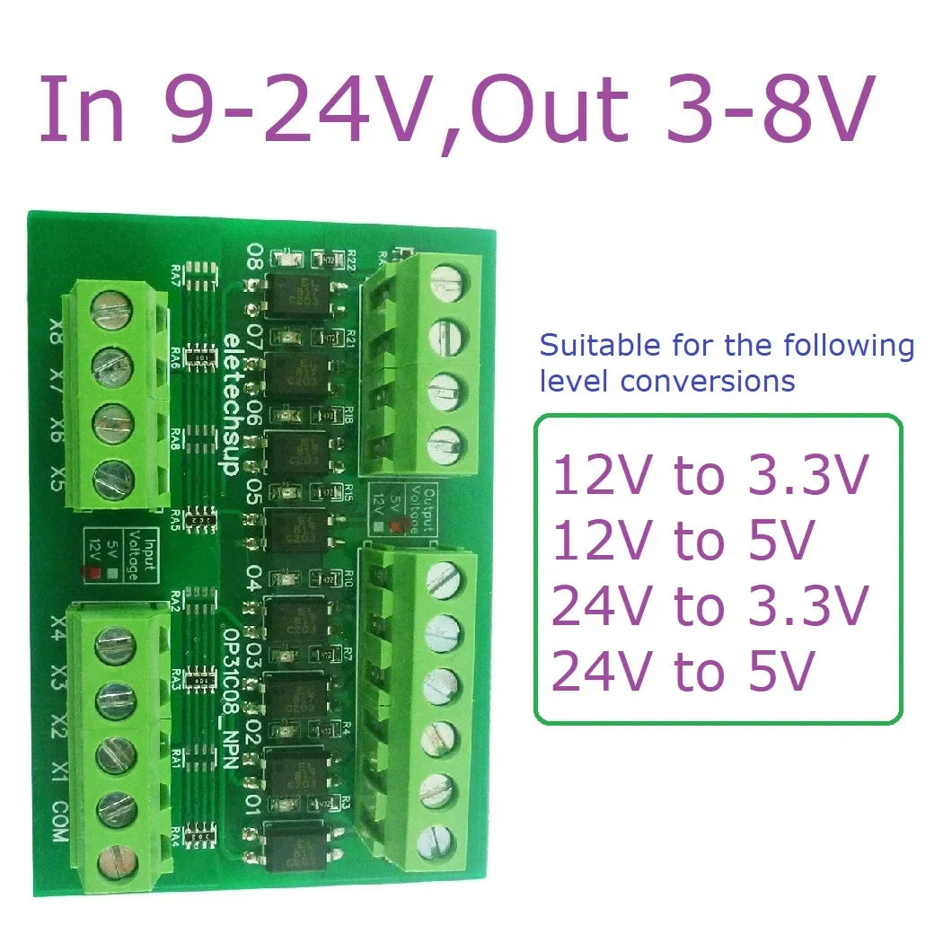 OP31C08 8CH Opto-Isolation Logic Level Converter – 3.3V/5V/12V/24V NPN/PNP Bidirectional GPIO Module with 3000V Isolation for Arduino PLC MCU