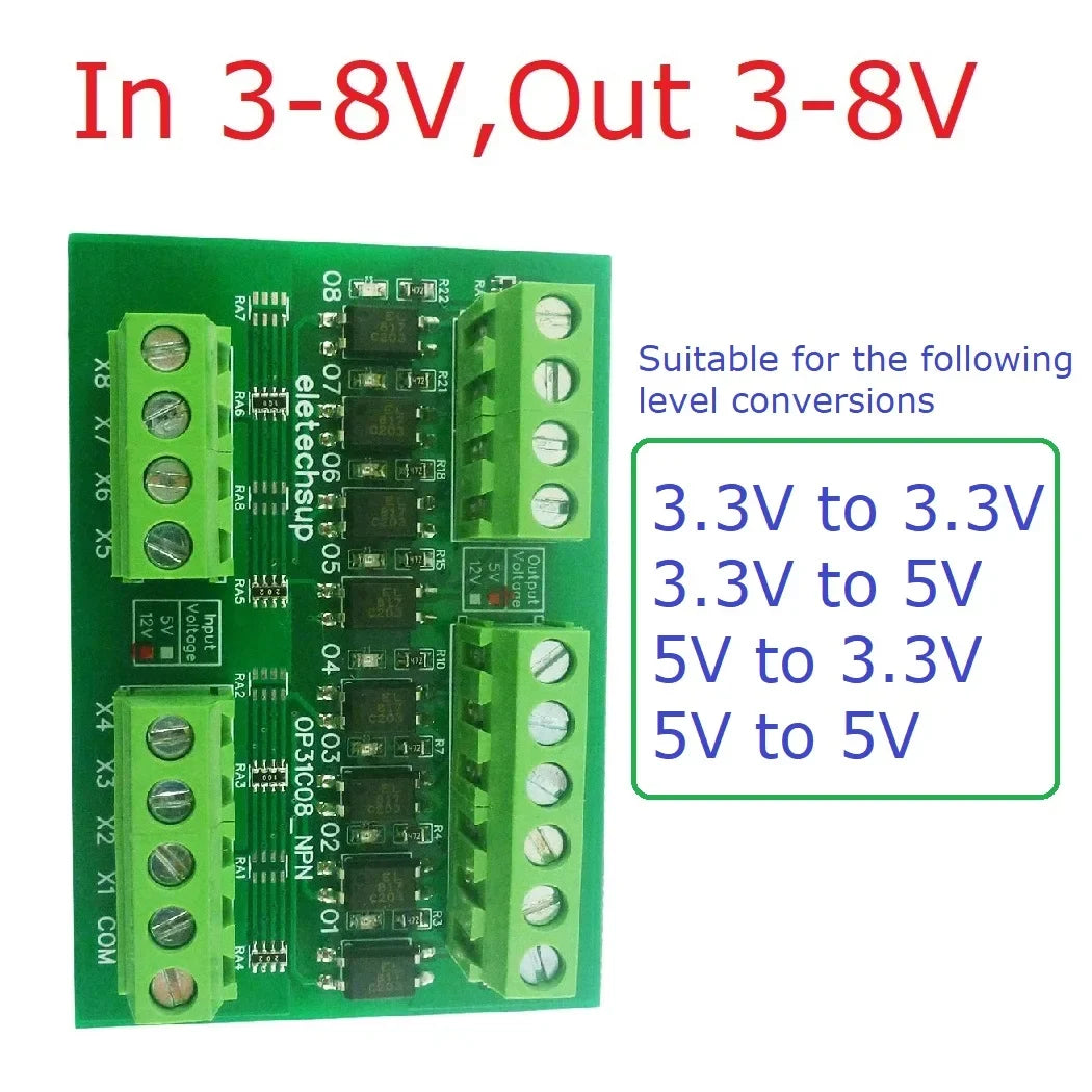 OP31C08 8CH Opto-Isolation Logic Level Converter – 3.3V/5V/12V/24V NPN/PNP Bidirectional GPIO Module with 3000V Isolation for Arduino PLC MCU