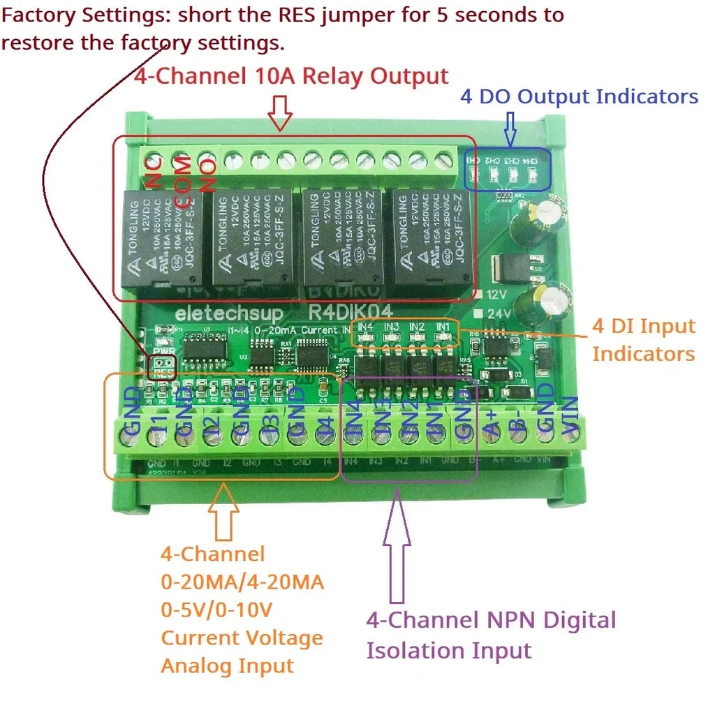 R4DIK04 R4DVI04 Modbus RTU RS485 Remote IO Module 4AI 4DI 4DO 4-20mA 0-20mA 0-5V 0-10V Relay Board 12V 24V