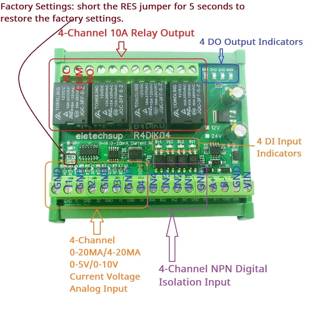 R4DIK04 R4DVI04 Modbus RTU RS485 Remote IO Module 4AI 4DI 4DO 4-20mA 0-20mA 0-5V 0-10V Relay Board 12V 24V
