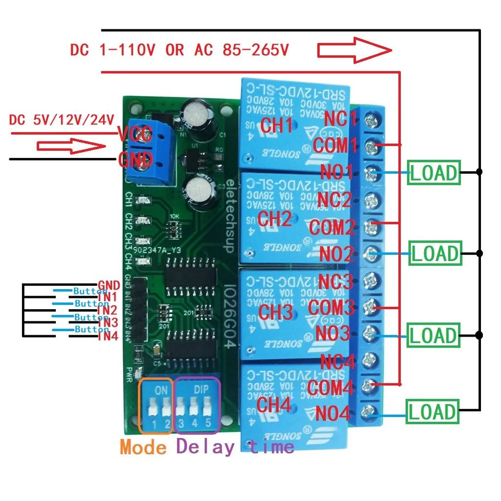 IO26G04 4CH Multifunction Delay Relay Module – DC 5V/12V/24V Timer Switch with Flip-Flop Latch Self-Locking Interlock for PLC Power Sequencer